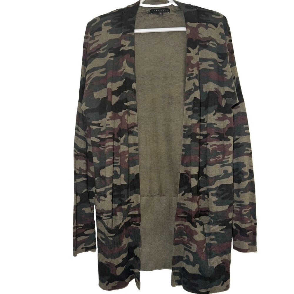 Sanctuary Camo Open Front Cardigan Sweater Small Olive Green Long Sleeve Knit